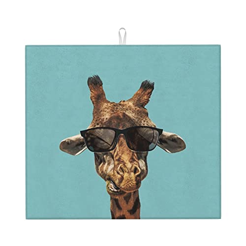 Giraffe with Sunglasses Printed Drying Mat For Kitchen Ultra Absorbent Microfiber Dishes Drainer Mats Non-Slip Silicone Quick Dry Pad - 18 X 16inch