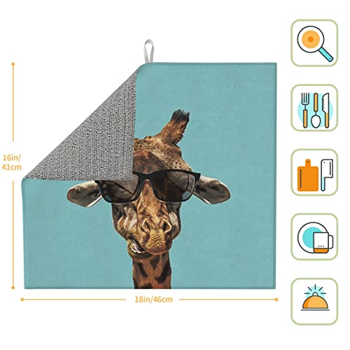 Giraffe with Sunglasses Printed Drying Mat For Kitchen Ultra Absorbent Microfiber Dishes Drainer Mats Non-Slip Silicone Quick Dry Pad - 18 X 16inch