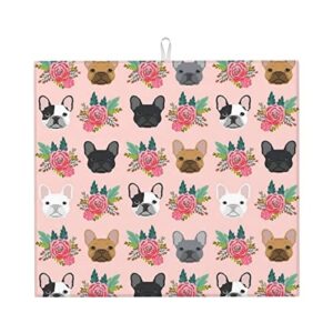 french bulldog and flowers printed drying mat for kitchen ultra absorbent microfiber dishes drainer mats non-slip silicone quick dry pad - 18 x 16inch