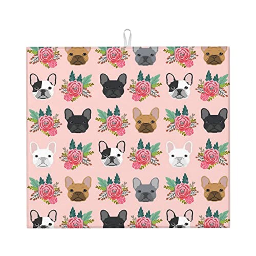 French Bulldog And flowers Printed Drying Mat For Kitchen Ultra Absorbent Microfiber Dishes Drainer Mats Non-Slip Silicone Quick Dry Pad - 18 X 16inch