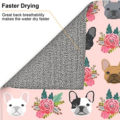 French Bulldog And flowers Printed Drying Mat For Kitchen Ultra Absorbent Microfiber Dishes Drainer Mats Non-Slip Silicone Quick Dry Pad - 18 X 16inch