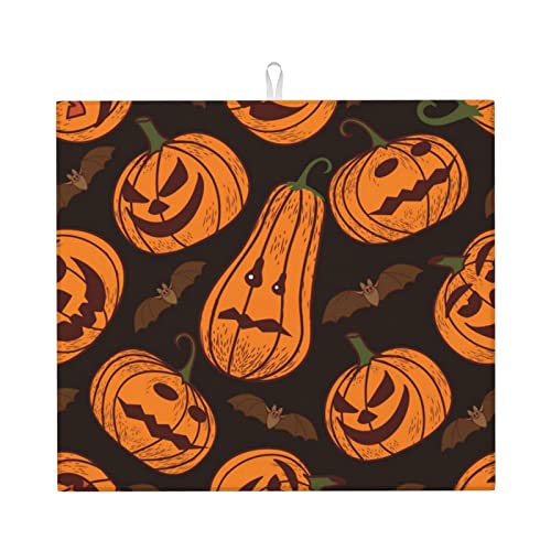 Halloween Pumpkin Printed Drying Mat For Kitchen Ultra Absorbent Microfiber Dishes Drainer Mats Non-Slip Silicone Quick Dry Pad - 18 X 16inch