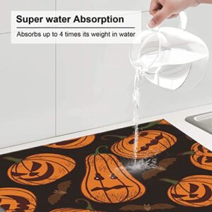 Halloween Pumpkin Printed Drying Mat For Kitchen Ultra Absorbent Microfiber Dishes Drainer Mats Non-Slip Silicone Quick Dry Pad - 18 X 16inch