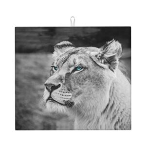 lioness with blue green eyes printed drying mat for kitchen ultra absorbent microfiber dishes drainer mats non-slip silicone quick dry pad - 18 x 16inch
