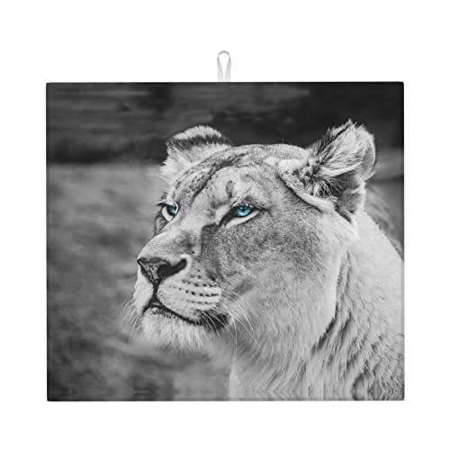 Lioness with Blue Green Eyes Printed Drying Mat For Kitchen Ultra Absorbent Microfiber Dishes Drainer Mats Non-Slip Silicone Quick Dry Pad - 18 X 16inch