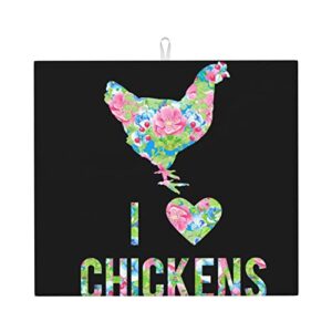 flower heart chicken printed drying mat for kitchen ultra absorbent microfiber dishes drainer mats non-slip silicone quick dry pad - 18 x 16inch