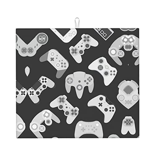 Game Controller Printed Drying Mat For Kitchen Ultra Absorbent Microfiber Dishes Drainer Mats Non-Slip Silicone Quick Dry Pad - 18 X 16inch