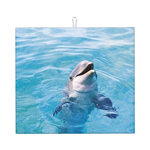 Happy Dolphin Printed Drying Mat For Kitchen Ultra Absorbent Microfiber Dishes Drainer Mats Non-Slip Silicone Quick Dry Pad - 18 X 16inch