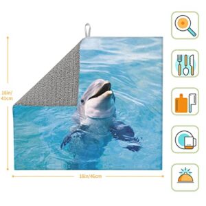 Happy Dolphin Printed Drying Mat For Kitchen Ultra Absorbent Microfiber Dishes Drainer Mats Non-Slip Silicone Quick Dry Pad - 18 X 16inch