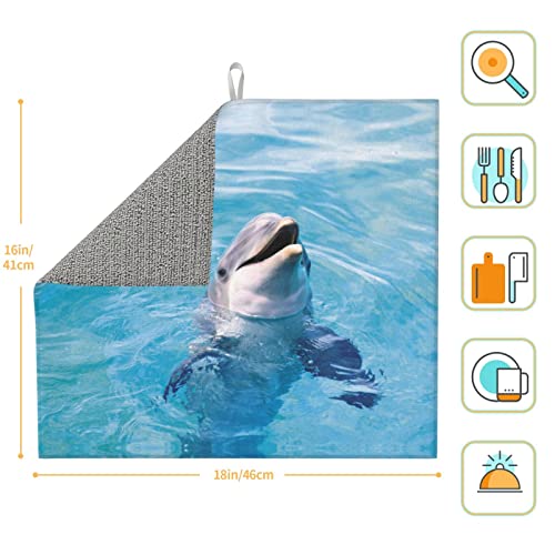 Happy Dolphin Printed Drying Mat For Kitchen Ultra Absorbent Microfiber Dishes Drainer Mats Non-Slip Silicone Quick Dry Pad - 18 X 16inch