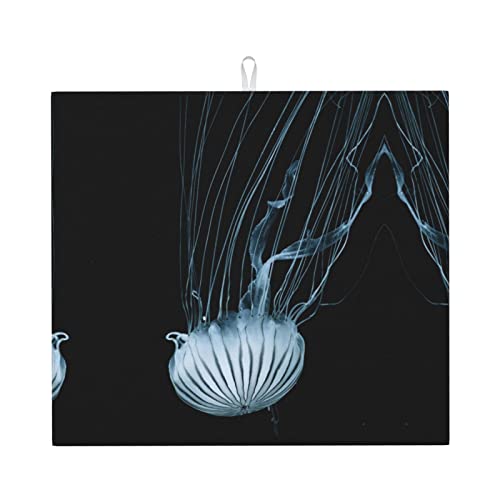 Jellyfish Printed Drying Mat For Kitchen Ultra Absorbent Microfiber Dishes Drainer Mats Non-Slip Silicone Quick Dry Pad - 18 X 16inch