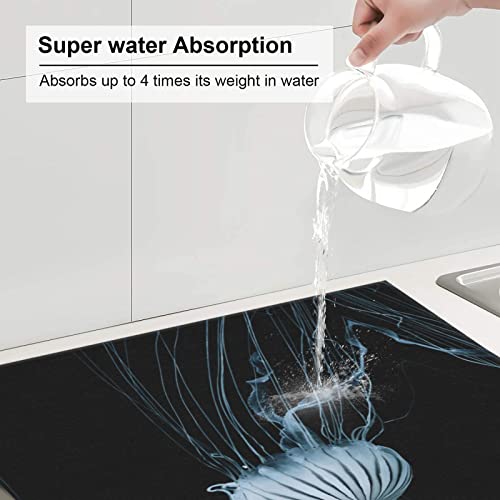 Jellyfish Printed Drying Mat For Kitchen Ultra Absorbent Microfiber Dishes Drainer Mats Non-Slip Silicone Quick Dry Pad - 18 X 16inch