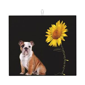 funny dog with sunflower printed drying mat for kitchen ultra absorbent microfiber dishes drainer mats non-slip silicone quick dry pad - 18 x 16inch