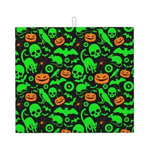 green ghost horror halloween pumpkin printed drying mat for kitchen ultra absorbent microfiber dishes drainer mats non-slip silicone quick dry pad - 18 x 16inch