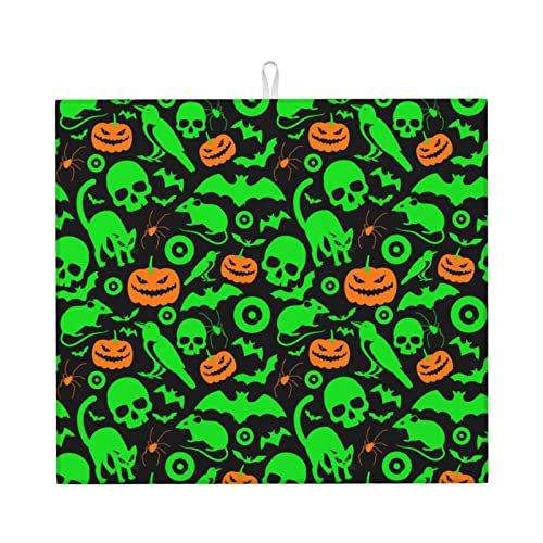 Green Ghost Horror Halloween Pumpkin Printed Drying Mat For Kitchen Ultra Absorbent Microfiber Dishes Drainer Mats Non-Slip Silicone Quick Dry Pad - 18 X 16inch