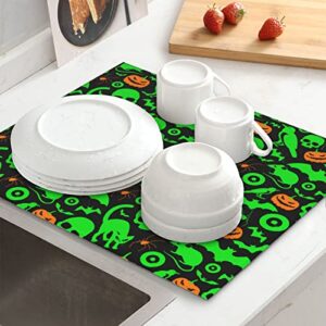 Green Ghost Horror Halloween Pumpkin Printed Drying Mat For Kitchen Ultra Absorbent Microfiber Dishes Drainer Mats Non-Slip Silicone Quick Dry Pad - 18 X 16inch