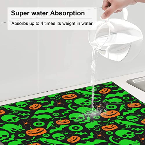 Green Ghost Horror Halloween Pumpkin Printed Drying Mat For Kitchen Ultra Absorbent Microfiber Dishes Drainer Mats Non-Slip Silicone Quick Dry Pad - 18 X 16inch