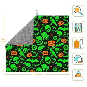 Green Ghost Horror Halloween Pumpkin Printed Drying Mat For Kitchen Ultra Absorbent Microfiber Dishes Drainer Mats Non-Slip Silicone Quick Dry Pad - 18 X 16inch