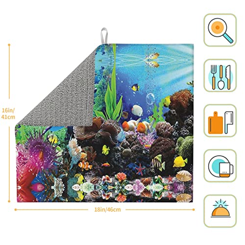 Marine Life Printed Drying Mat For Kitchen Ultra Absorbent Microfiber Dishes Drainer Mats Non-Slip Silicone Quick Dry Pad - 18 X 16inch