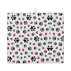 love cat paw heart puppy foot print printed drying mat for kitchen ultra absorbent microfiber dishes drainer mats non-slip silicone quick dry pad - 18 x 16inch