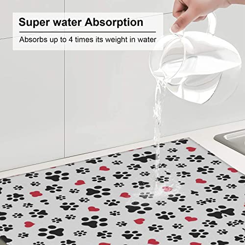 Love Cat Paw Heart Puppy Foot Print Printed Drying Mat For Kitchen Ultra Absorbent Microfiber Dishes Drainer Mats Non-Slip Silicone Quick Dry Pad - 18 X 16inch