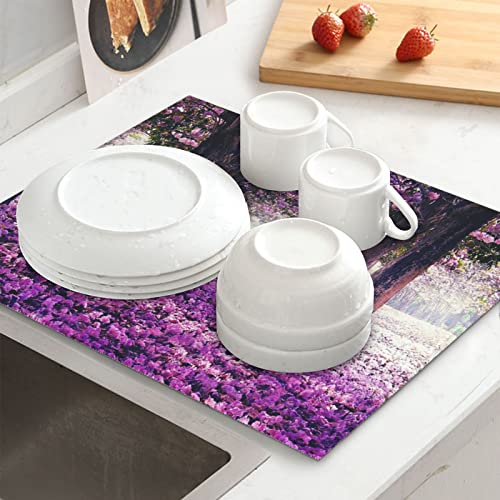 Landscape Flowers Printed Drying Mat For Kitchen Ultra Absorbent Microfiber Dishes Drainer Mats Non-Slip Silicone Quick Dry Pad - 18 X 16inch