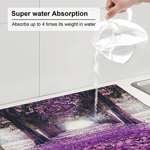 Landscape Flowers Printed Drying Mat For Kitchen Ultra Absorbent Microfiber Dishes Drainer Mats Non-Slip Silicone Quick Dry Pad - 18 X 16inch