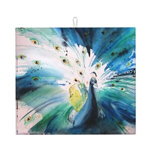 peacock spread its wings printed drying mat for kitchen ultra absorbent microfiber dishes drainer mats non-slip silicone quick dry pad - 18 x 16inch