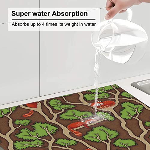 Forest Red Alkane bear Printed Drying Mat For Kitchen Ultra Absorbent Microfiber Dishes Drainer Mats Non-Slip Silicone Quick Dry Pad - 18 X 16inch