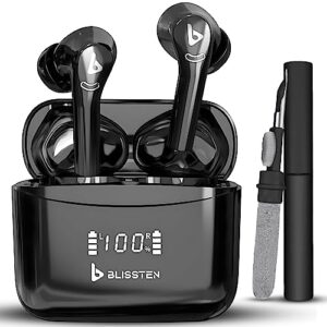 blissten wireless earbuds bluetooth headphones 5.3 with cleaning pen tool touch control wireless charging case ipx6 waterproof earphones in-ear noise cancelling built-in mic deep bass sound black
