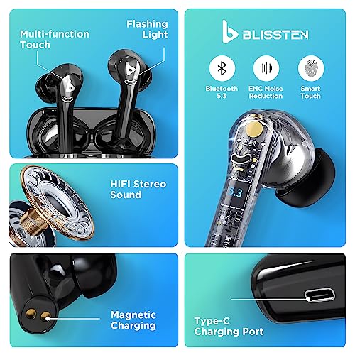 BLISSTEN Wireless Earbuds Bluetooth Headphones 5.3 with Cleaning Pen Tool Touch Control Wireless Charging Case IPX6 Waterproof Earphones in-Ear Noise Cancelling Built-in Mic Deep Bass Sound Black