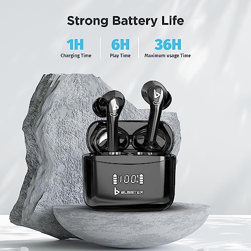 BLISSTEN Wireless Earbuds Bluetooth Headphones 5.3 with Cleaning Pen Tool Touch Control Wireless Charging Case IPX6 Waterproof Earphones in-Ear Noise Cancelling Built-in Mic Deep Bass Sound Black