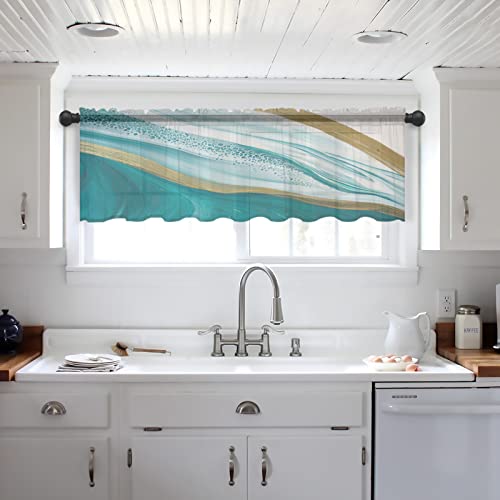 Abstract Semi Sheer Curtain Valance for Kitchen Windows Turquoise White Gold Marble Texture Chiffon Rod Pocket Half Window Curtains Topper for Bathroom/Living Room/Bedroom Stone Fluid Art