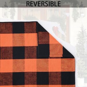 Orange and Black Plaid Rug, 4' x 6' Fall Outdoor Front Door Decor Mat, Cotton Washable Hand-Woven Rug for Layered Doormat, Autumn Halloween Thanksgiving Carpet for Porch, Entryway