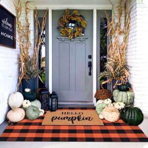 Orange and Black Plaid Rug, 4' x 6' Fall Outdoor Front Door Decor Mat, Cotton Washable Hand-Woven Rug for Layered Doormat, Autumn Halloween Thanksgiving Carpet for Porch, Entryway