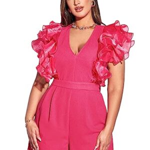 WDIRARA Women's Mesh Layered Ruffle Sleeve V Neck Pleated Solid Rompers Short Jumpsuits Watermelon Pink 3XL