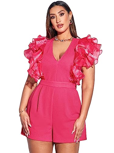 WDIRARA Women's Mesh Layered Ruffle Sleeve V Neck Pleated Solid Rompers Short Jumpsuits Watermelon Pink 3XL