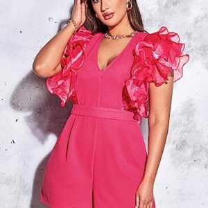 WDIRARA Women's Mesh Layered Ruffle Sleeve V Neck Pleated Solid Rompers Short Jumpsuits Watermelon Pink 3XL