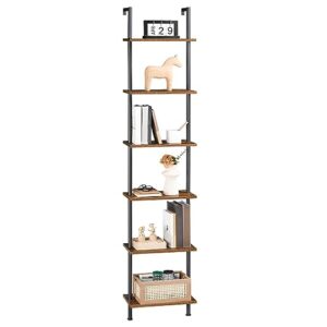 hoobro diy ladder shelf, 6-tier wooden wall mounted bookshelf, narrow bookcase, display shelf, storage rack, plant stand, for living room, bedroom, study, balcony, rustic brown and black bf651cj01