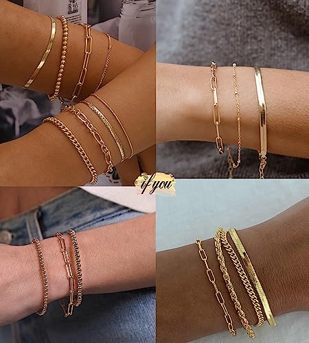 Gold Bracelets for Women, 14K Gold Plated Dainty Bracelets Set, Layered Chain Bracelets Pack Jewelry Gifts (B-8 pack gold bracelets)