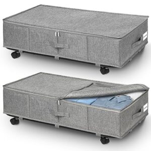 punemi under bed storage with wheels, 2 pack dust-proof underbed storage containers with lid, sturdy clothes storage drawer organizer bin for dorm room essentials, blanket, bedroom,grey
