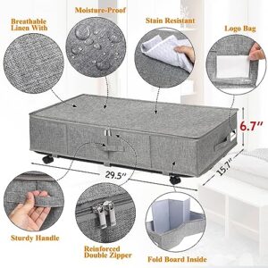 punemi Under Bed Storage With Wheels, 2 Pack Dust-Proof Underbed Storage Containers With Lid, Sturdy Clothes Storage Drawer Organizer Bin For Dorm Room Essentials, Blanket, Bedroom,Grey