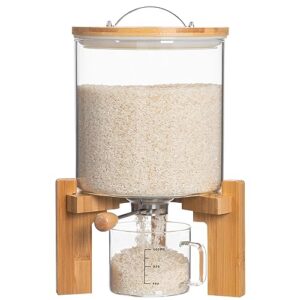 hblife glass rice dispenser with wooden stand flour and cereal container with glass measuring cup pantry food organization storage bin with airtight bamboo lid, 5l