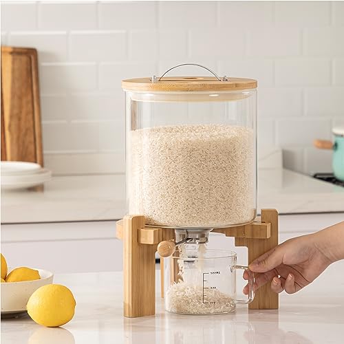 HBlife Glass Rice Dispenser with Wooden Stand Flour and Cereal Container with Glass Measuring Cup Pantry Food Organization Storage Bin with Airtight Bamboo Lid, 5L