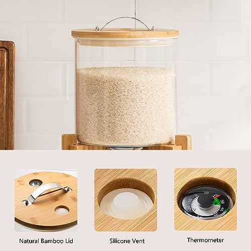 HBlife Glass Rice Dispenser with Wooden Stand Flour and Cereal Container with Glass Measuring Cup Pantry Food Organization Storage Bin with Airtight Bamboo Lid, 5L
