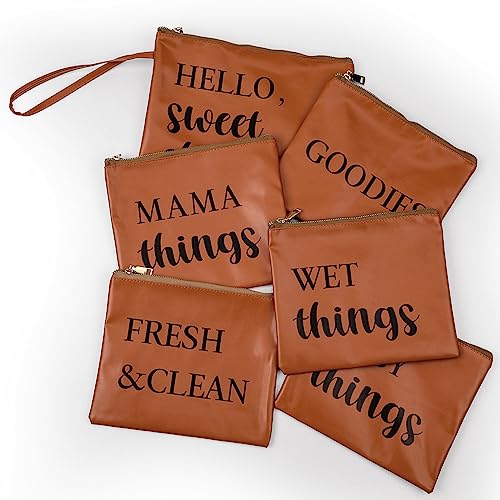 Silkfly 6 Pcs Diaper Bag Organizing Pouches PU Leather Diaper Pouch Brown Large and Small Dry Wet Bag Diaper Bag Essential Items for Baby Diaper Bag Organization Daily Use Shopping Travel Vacation