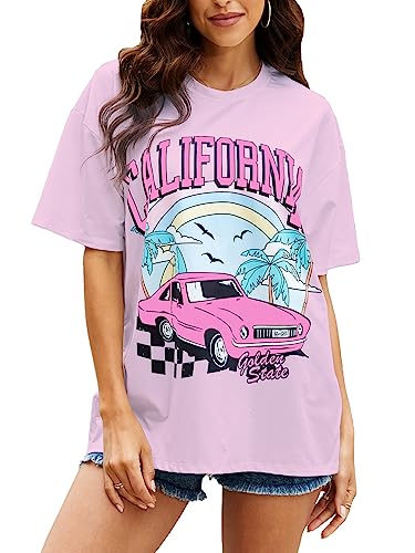 YIJIU Women's Oversized T Shirts Graphic Print Short Sleeve Loose Casual Summer Tees Tops,Pink,M