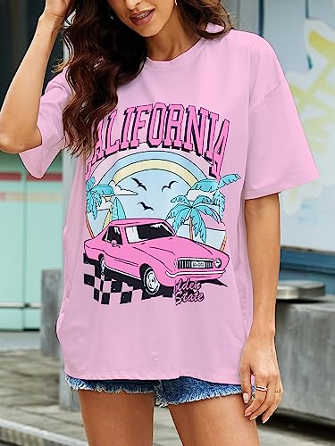 YIJIU Women's Oversized T Shirts Graphic Print Short Sleeve Loose Casual Summer Tees Tops,Pink,M