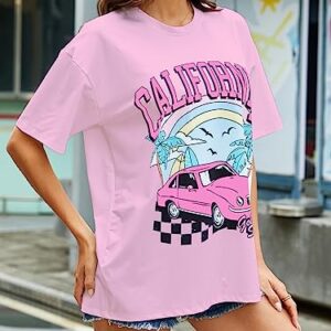 YIJIU Women's Oversized T Shirts Graphic Print Short Sleeve Loose Casual Summer Tees Tops,Pink,M