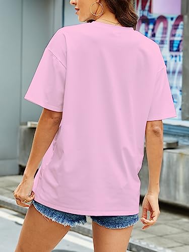 YIJIU Women's Oversized T Shirts Graphic Print Short Sleeve Loose Casual Summer Tees Tops,Pink,M